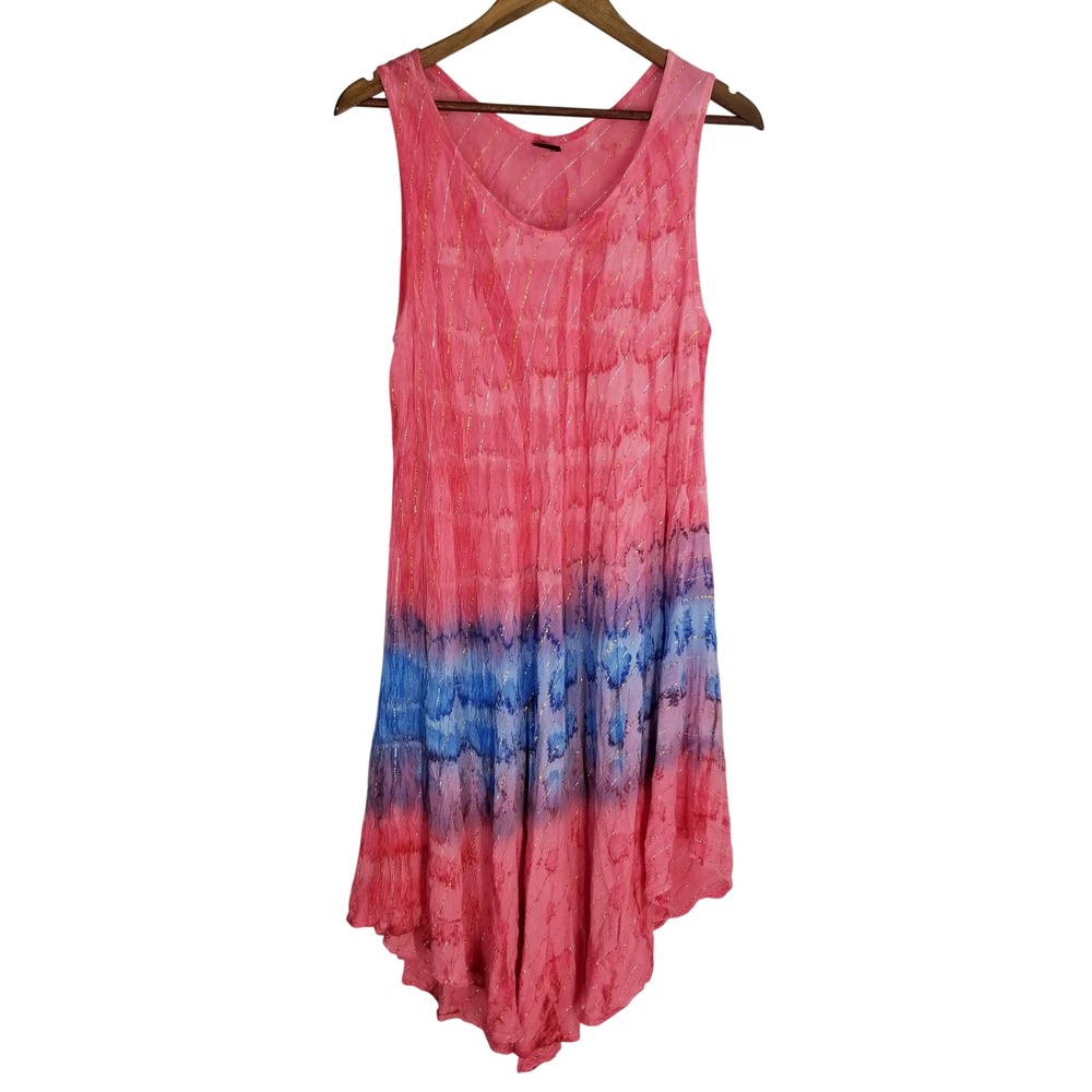 Zury Pink Blue Tie Dye Handkerchief Hem Viscose Dress Gold Metallic Stripe L M